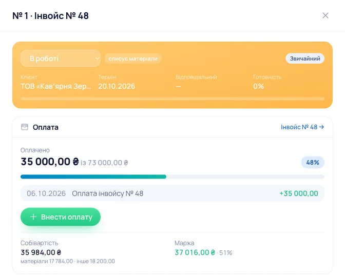 Картка виробничого замовлення в obih: оплата, собівартість з матеріалів і робіт, маржа замовлення